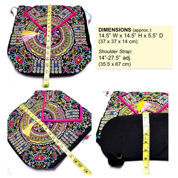 Embroidery Black Backpack Red Blue Boho Geometric Shapes FloralBird Shoulder Bag - Picture 12 of 12